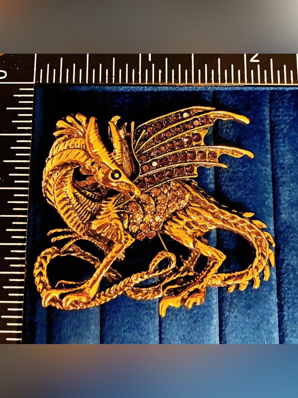 Flying Dragon Rhinestone Brooch Pin Gold Tone Mythical Winged Dragon Jewelry